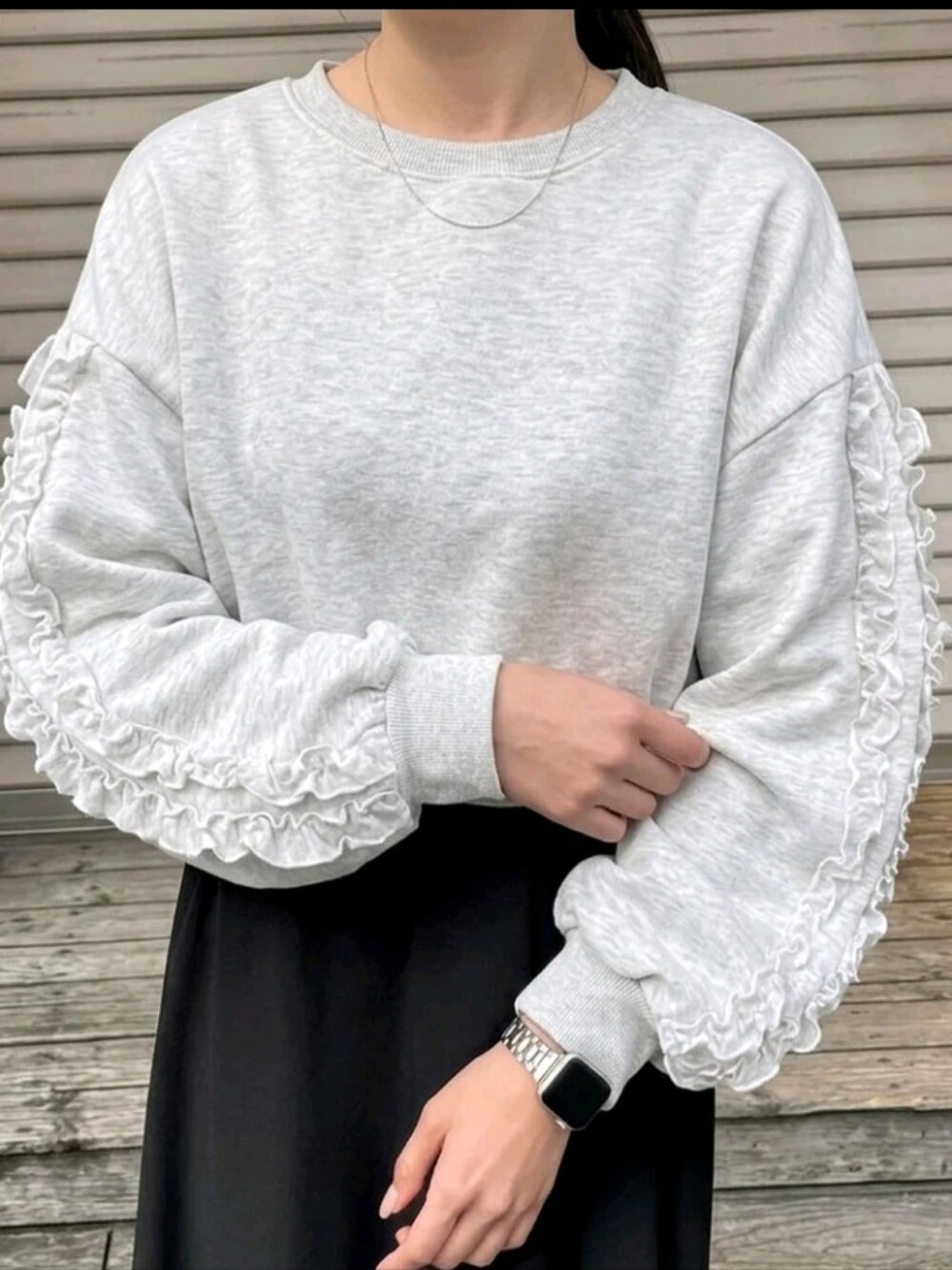 Women's Solid Color Round Neck Patchwork Frill Trim Drop Shoulder Long Sleeve